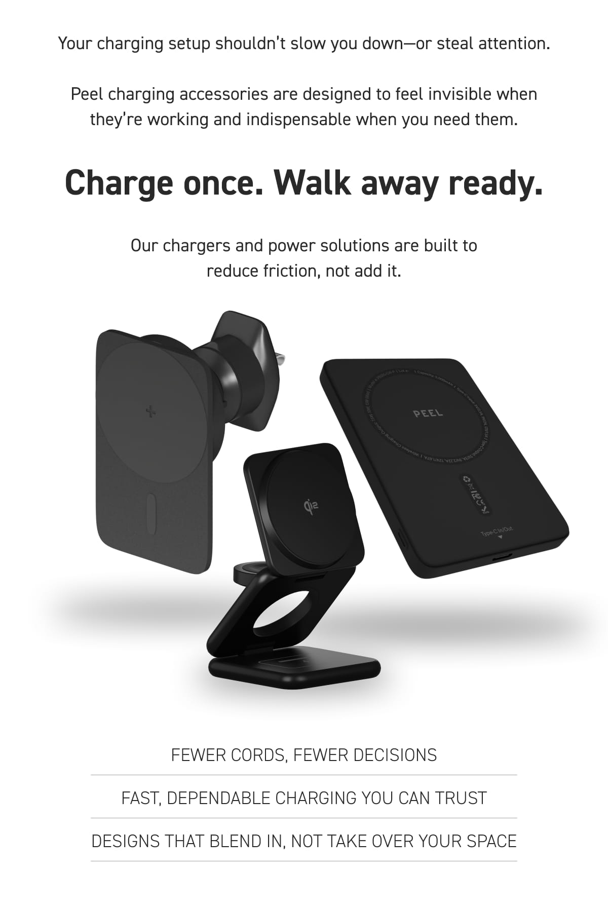 Charge once. Walk away ready.