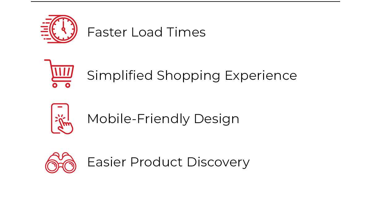 faster load times, simplified shopping experience, mobile friendly design, easier product discovery.