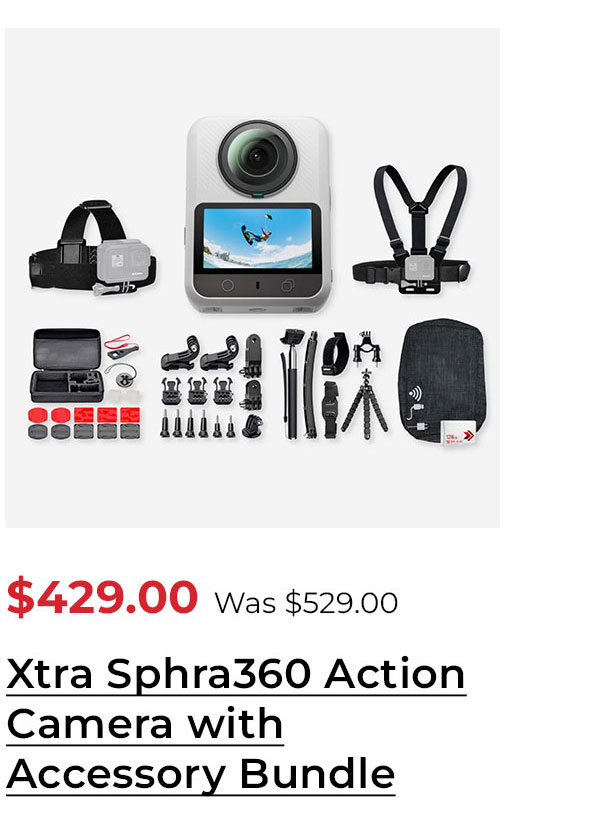 Xtra Sphra360 Action Camera Bundle with 128GB Flash Memory Card, Travel Case, and Accessories