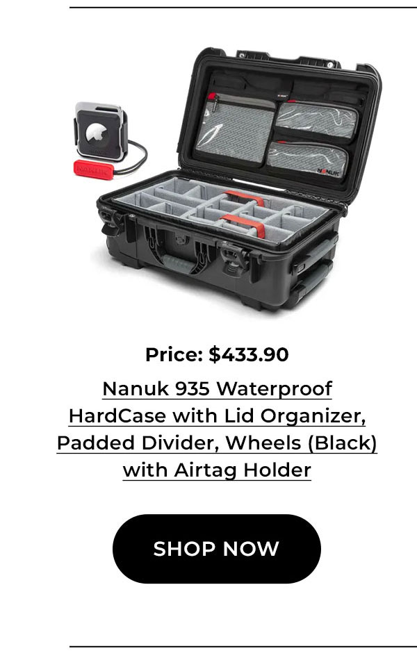 Nanuk 935 Waterproof HardCase with Lid Organizer, Padded Divider, Wheels (Black) with Airtag Holder