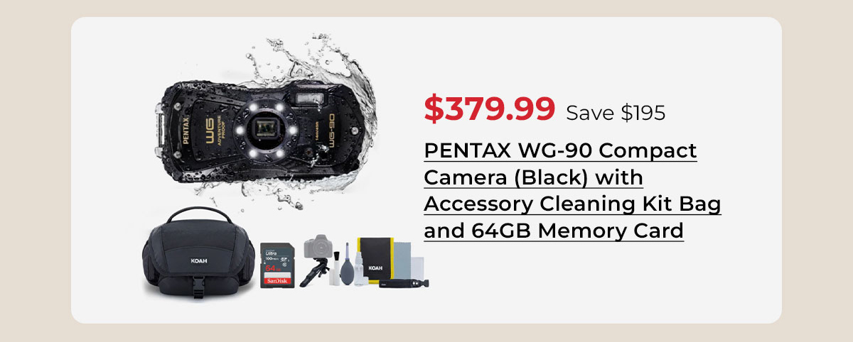 PENTAX WG-90 Compact Camera (Black) with Accessory Cleaning Kit Bag and 64GB Memory Card