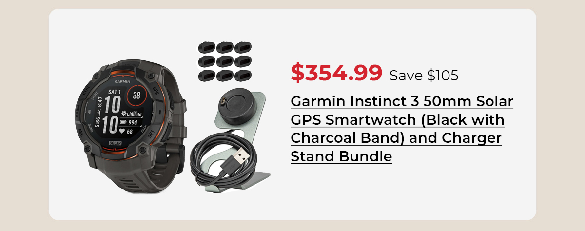 Garmin Instinct 3 50mm Solar GPS Smartwatch (Black with Charcoal Band) and Charger Stand Bundle 