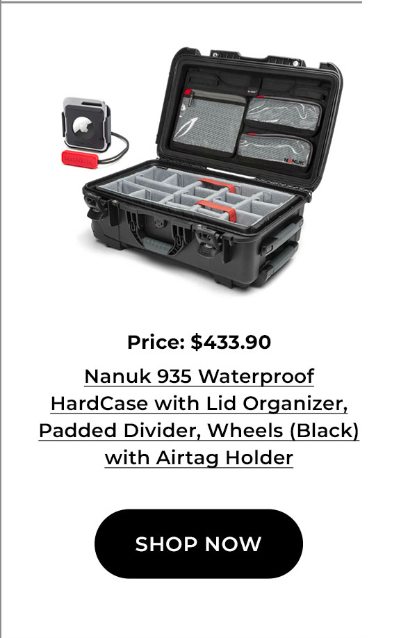 Nanuk 935 Waterproof HardCase with Lid Organizer, Padded Divider, Wheels (Black) with Airtag Holder