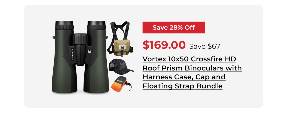 Vortex 10x50 Crossfire HD Roof Prism Binoculars with Harness Case, Cap and Floating Strap Bundle