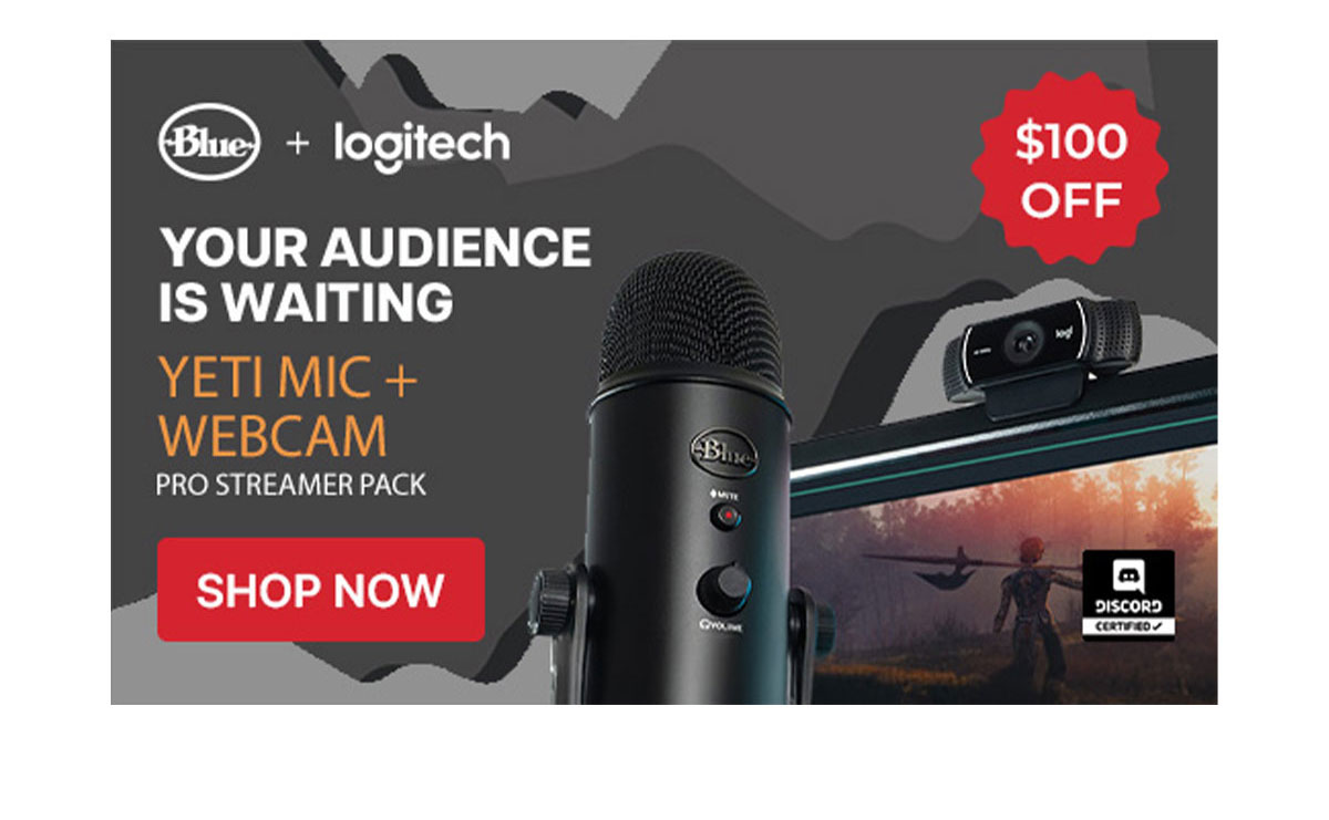 blue + logitech, yeti mic and webcam pro streamer pack.
