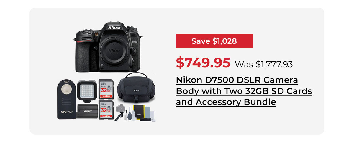 Nikon D7500 DSLR Camera Body with Two 32GB SD Cards and Accessory Bundle