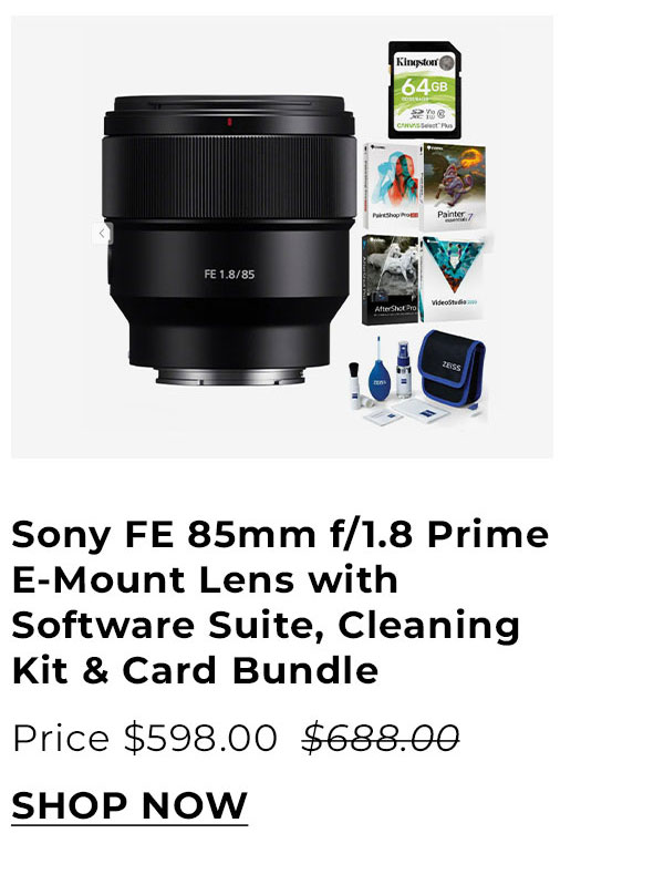 Sony FE 85mm f/1.8 Prime E-Mount Lens with Software Suite and Cleaning Kit and 64GB SD Card Bundle