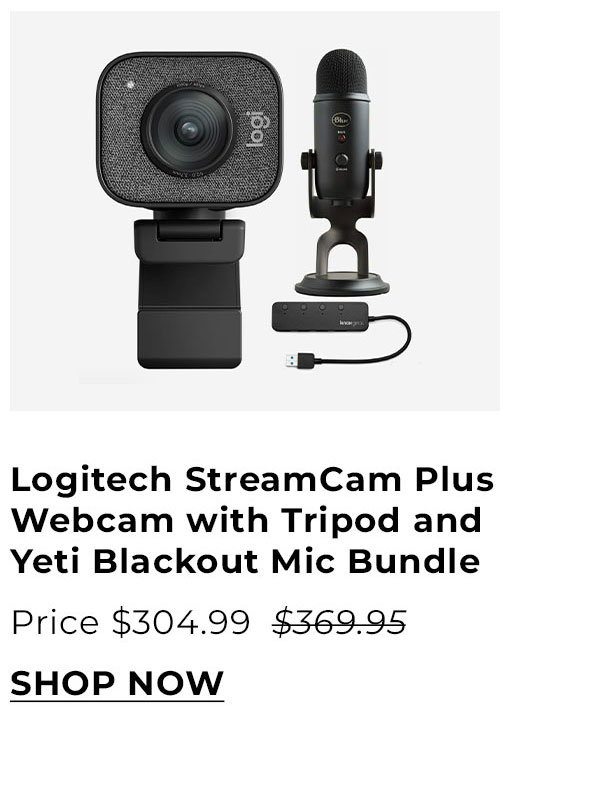 Logitech StreamCam Plus Webcam with Tripod and Yeti Blackout Mic and 4-Port USB Hub