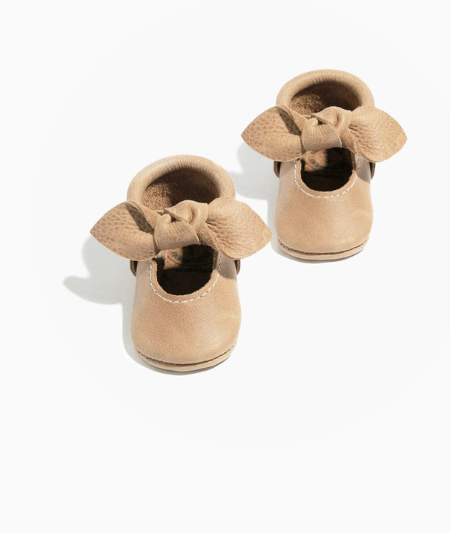 Weathered Brown Knotted Bow Baby Shoe