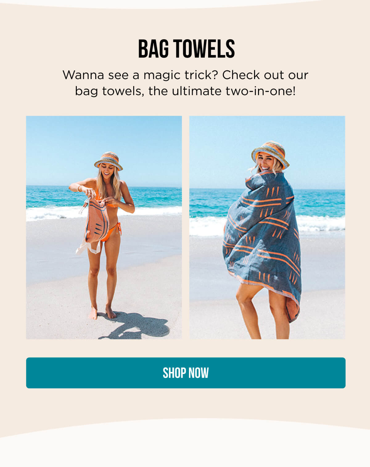 Bag Towels; Wanna see a magic trick? Check out our bag towels, the ultimate two-in-one!