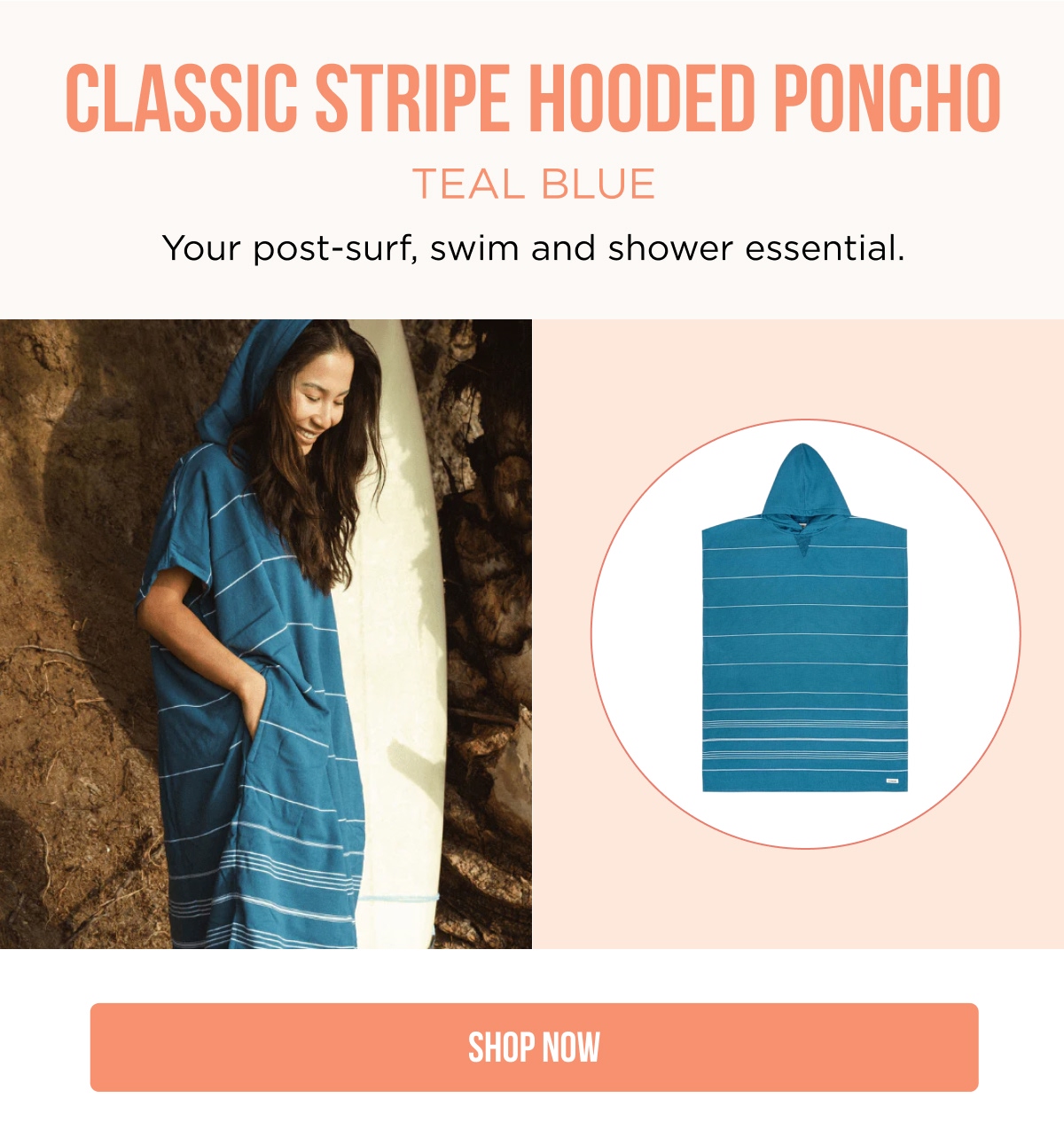 CLASSIC STRIPE HOODED PONCHO TEAL BLUE Your post-surf, swim and shower essential. [SHOP NOW]