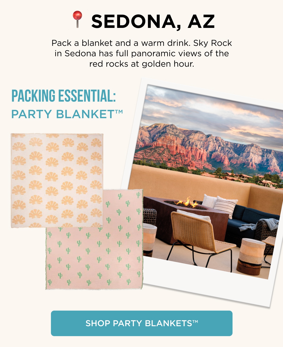 📍 SEDONA, AZ  Pack a blanket and a warm drink. Sky Rock in Sedona has full panoramic views of the red rocks at golden hour.  PACKING ESSENTIAL: PARTY BLANKET™  [SHOP PARTY BLANKETS™]