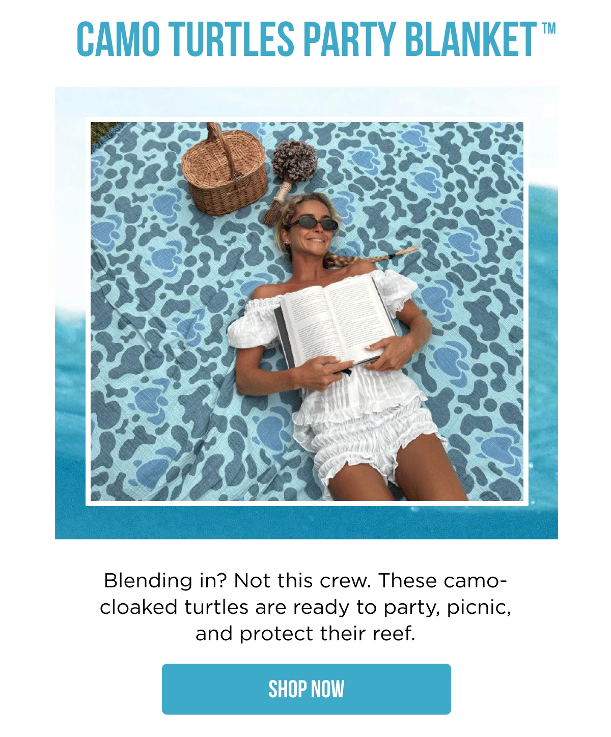 CAMO TURTLES PARTY BLANKET™  Blending in? Not this crew. These camo-cloaked turtles are ready to party, picnic, and protect their reef.  [SHOP NOW]