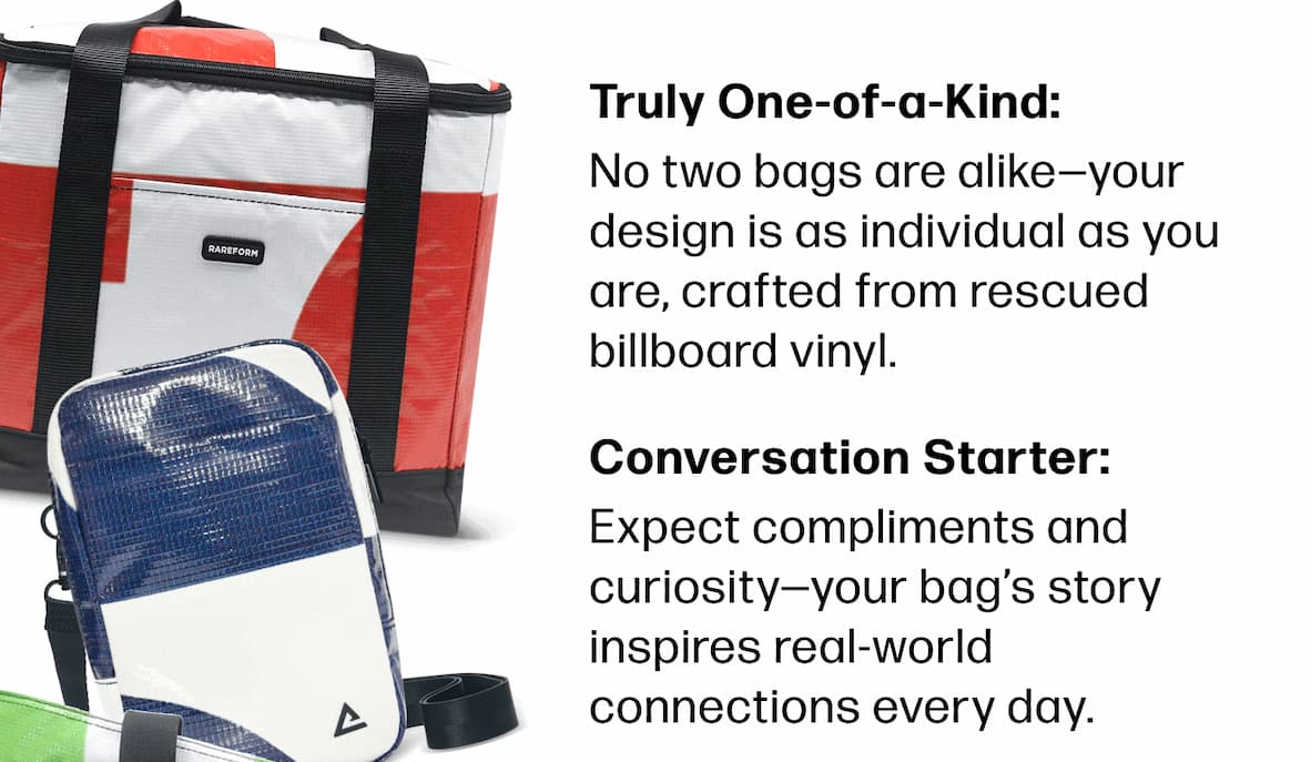✅ Truly One-of-a-Kind: No two bags are alike. Your design is as individual as you are, crafted from rescued billboard vinyl. ✨ Conversation Starter: Expect compliments and curiosity, your bag's story inspires real-world connections every day.