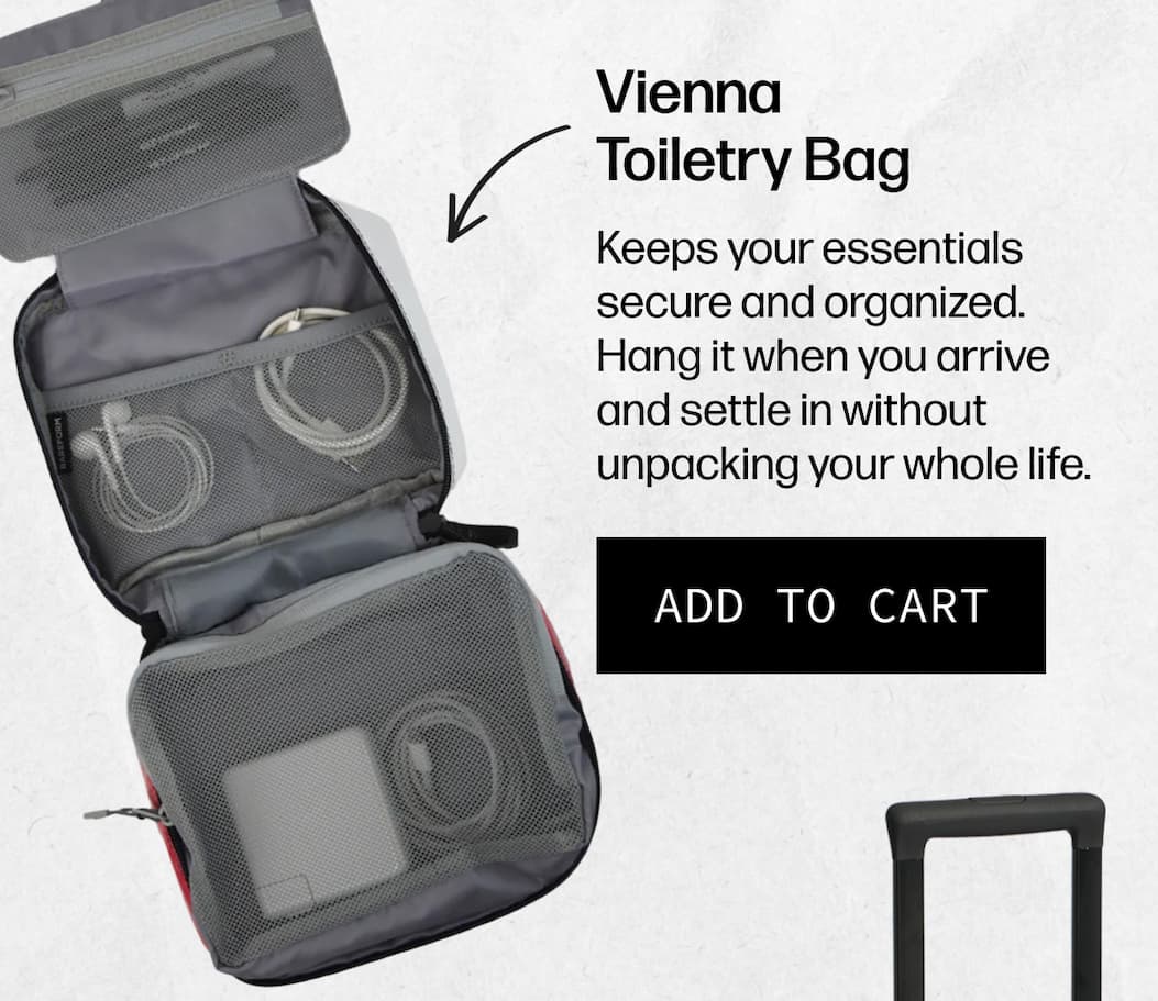 Vienna Toiletry Bag Keeps your essentials secure and organized. Hang it when you arrive and settle in without unpacking your whole life. | [ADD TO CART]