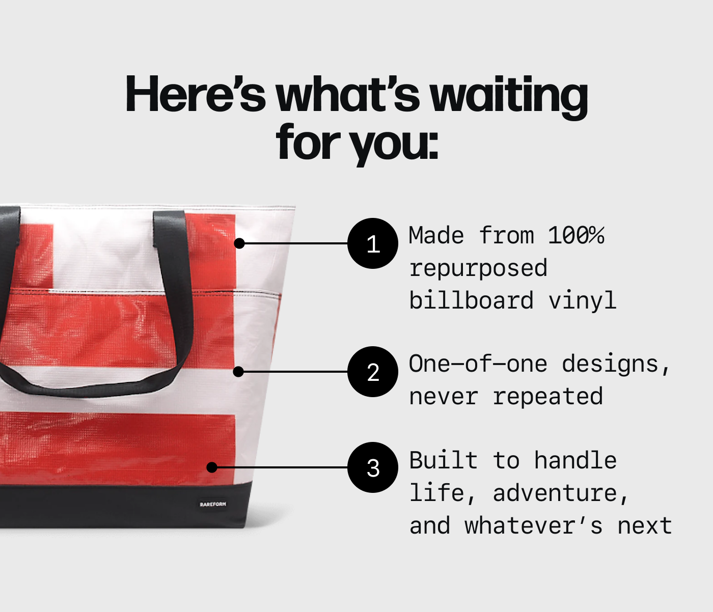 Here's what's waiting for you: - Made from 100% repurposed billboard vinyl - One-of-one designs, never repeated - Built to handle life, adventure, and whatever's next