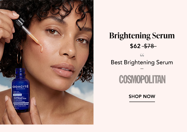 Woman applying Brightening Serum beside the blue bottle; named Best Brightening Serum by Cosmopolitan, now $62.