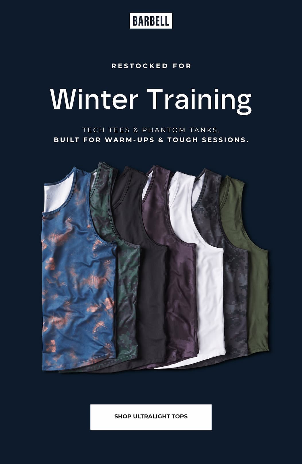 Restocked For Winter Training. Tech Tees & Phantom Tanks. Built for warm-ups & tough sessions.