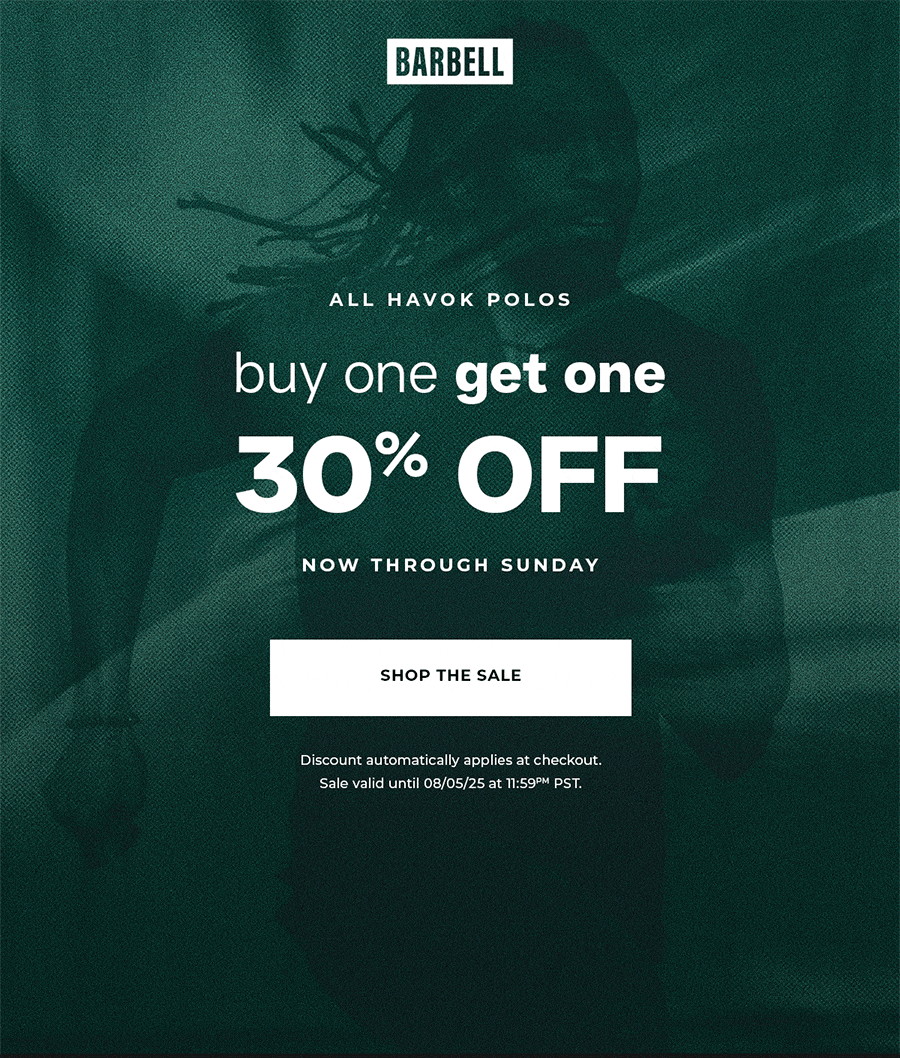 Now through Sunday, buy one get one 30% OFF on all Havok Polos.