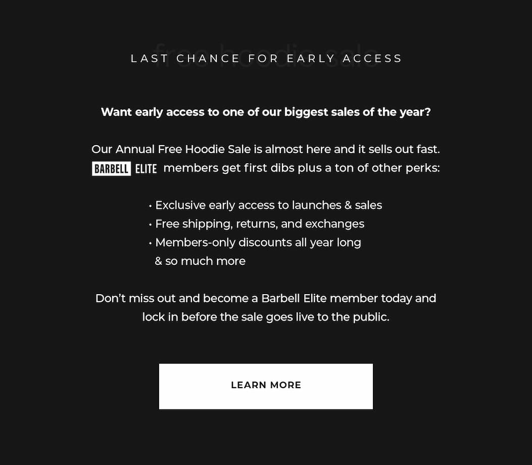 Become a Barbell Elite member and get early access to one of our biggest sales of the year, plus so many more benefits.