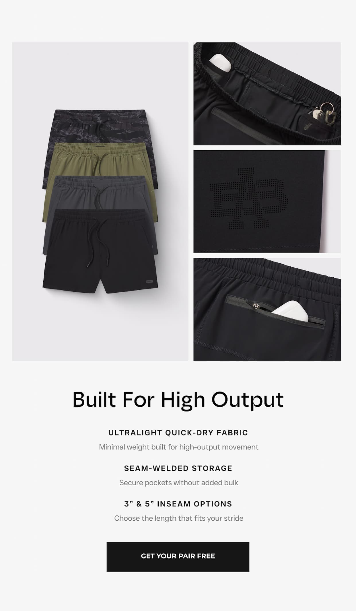 Built for high output. Ultralight quick-dry fabric, seam-selded storage, 3" & 5" inseam options.