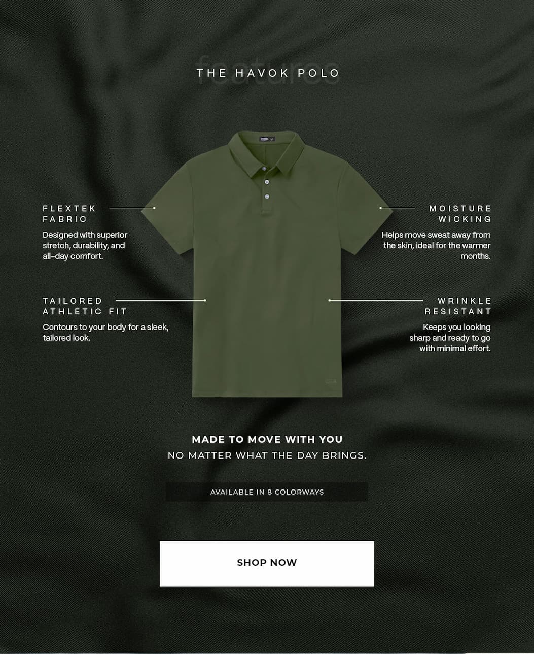 A true staple, the Havok Polo is built to highlight your hard work and elevate your everyday style.