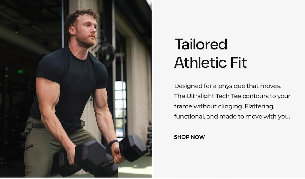 Tailored Athletic Fit Designed for a physique that moves. The Ultralight Tech Tee contours to your frame without clinging. Flattering, functional, and made to move with you.