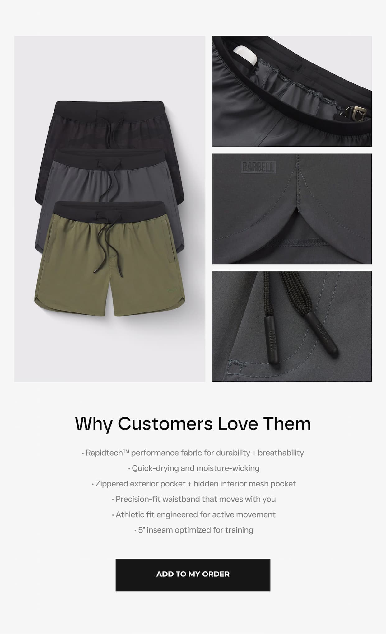 Why Customers Love Them  • Rapidtech™ performance fabric for durability + breathability  • Quick-drying and moisture-wicking  • Zippered exterior pocket + hidden interior mesh pocket  • Precision-fit waistband that moves with you  • Athletic fit engineered for active movement  • 5" inseam optimized for training