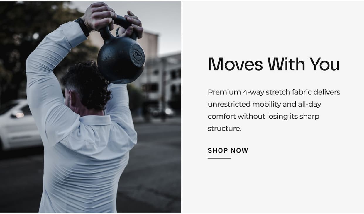 Moves With You Premium 4-way stretch fabric delivers unrestricted mobility and all-day comfort without losing its sharp structure.