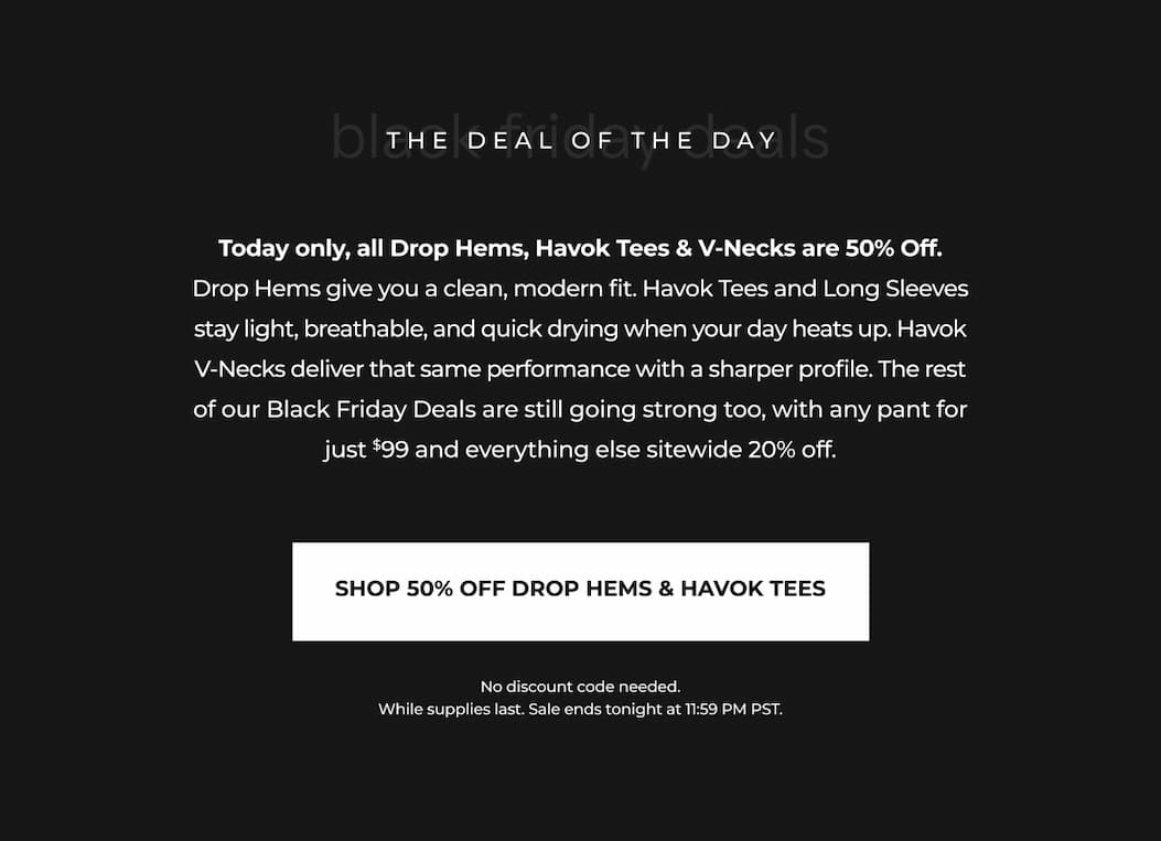 Today Only. 50% Off All Drop Hems & Havok Tees!
