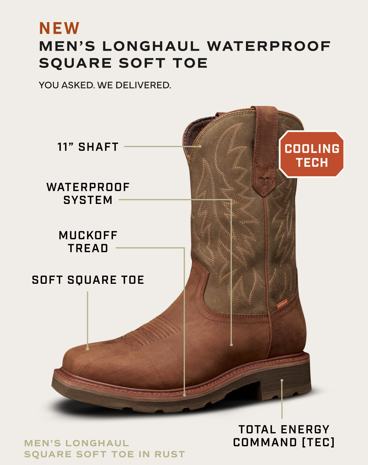 Tecovas Work: Men's Longhaul Waterproof Square Soft Toe