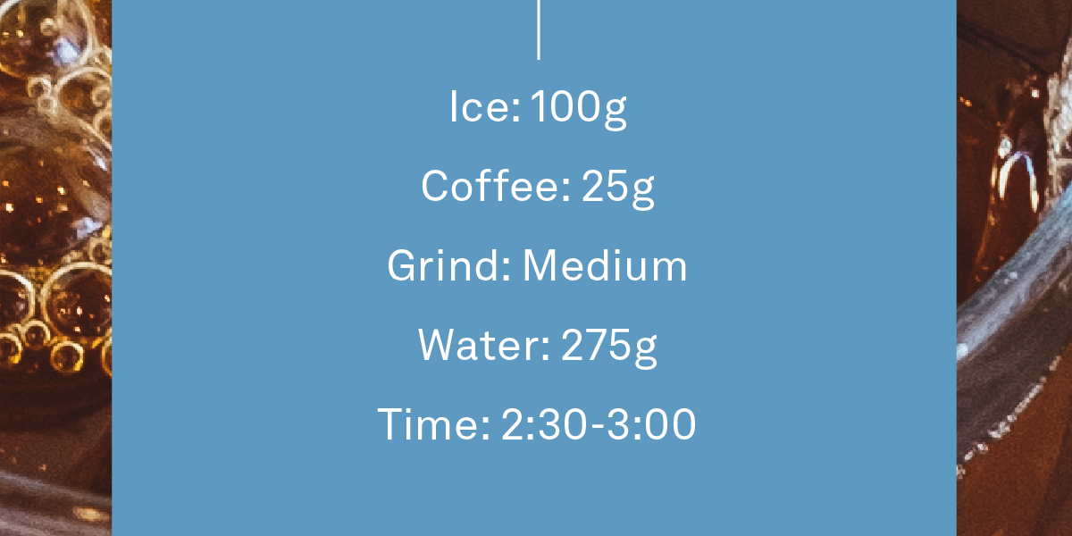 Ice: 100g, Coffee: 25g, Grind: Medium, Water: 275g, Time: 2:30-3:00