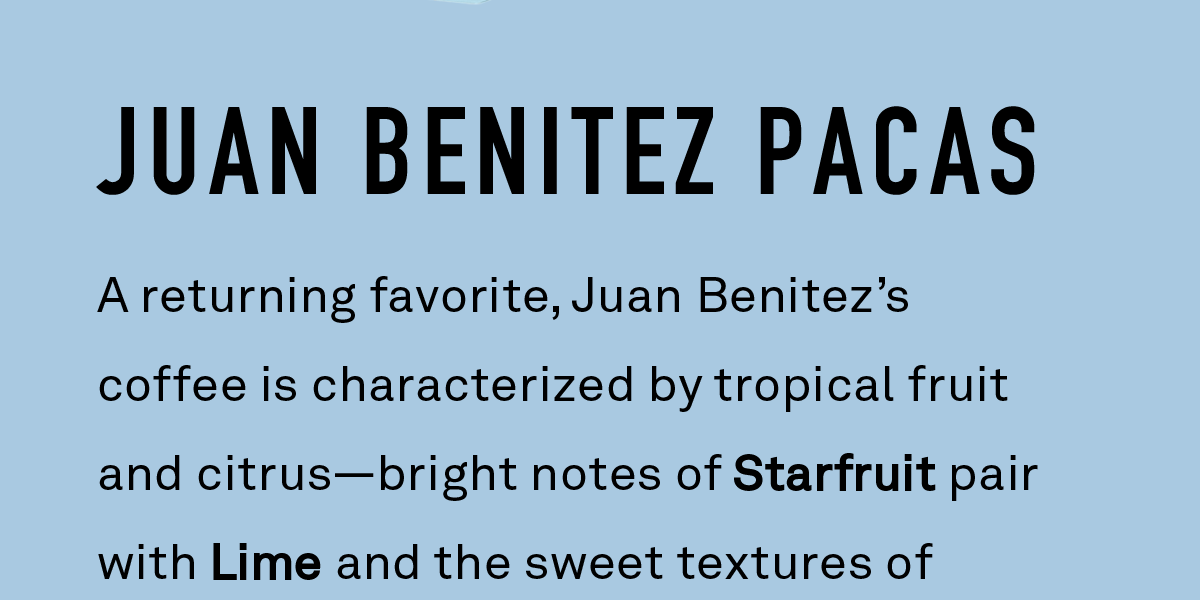 A returning favorite, Juan Benitez’s coffee is characterized by tropical fruit and citrus—bright notes of Starfruit pair with Lime and the sweet textures of Honey to create a balanced cup.