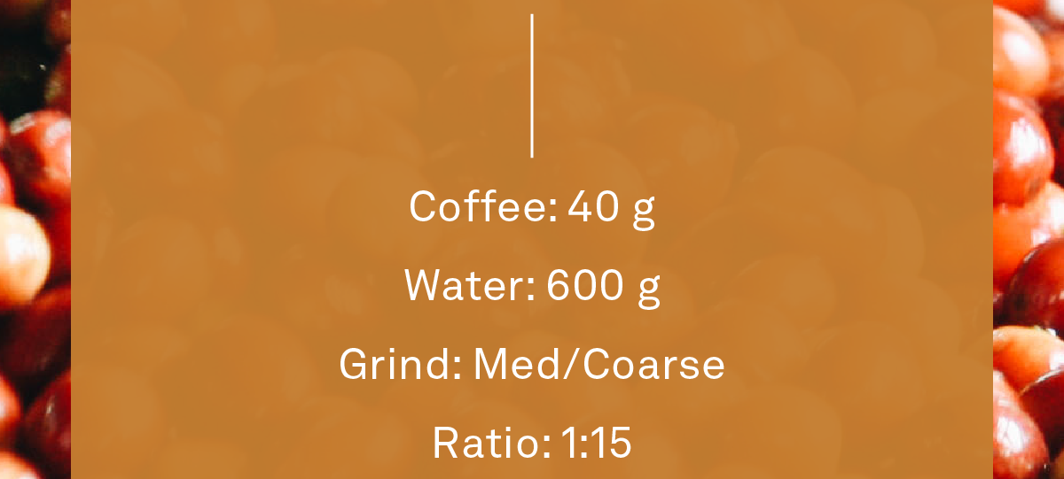 Coffee: 40 g, Grind: Med/Coarse, Water: 600 g, Ratio: 1:15, Time: 5:00