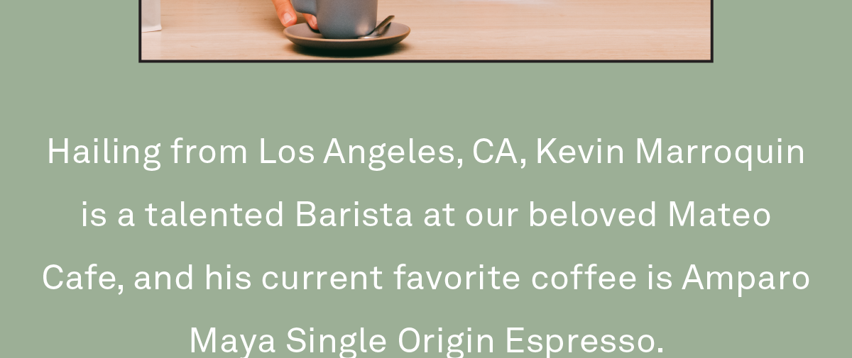 Hailing from Los Angeles, CA, Kevin Marroquin is a talented Barista at our beloved Mateo Cafe, and his current favorite coffee is Amparo Maya Single Origin Espresso.