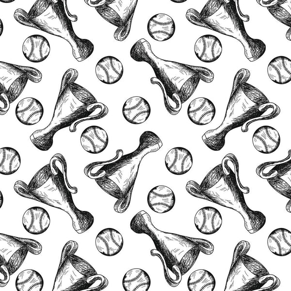 Sketched Trophies & Baseballs Fabric
