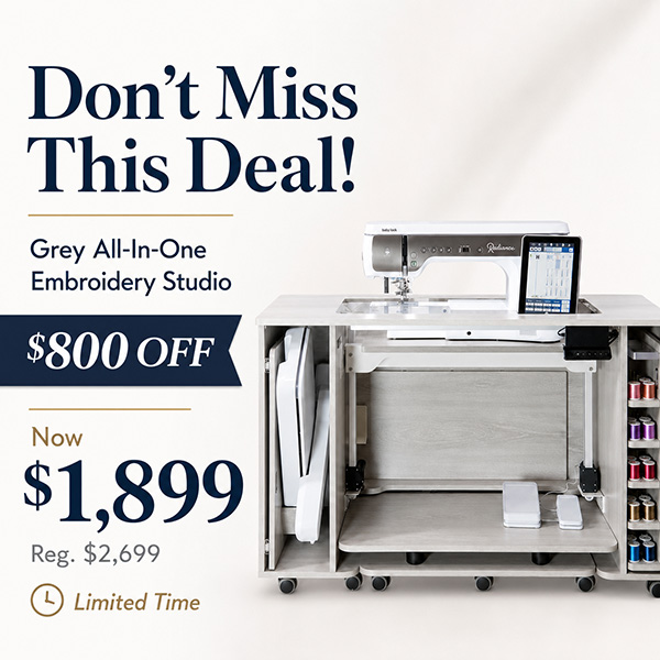 Don't Miss This Deal! The Grey All-In-One Embroidery Studio is now $800 OFF for a limited time. Regularly $2,699—once they're gone, they're gone!
