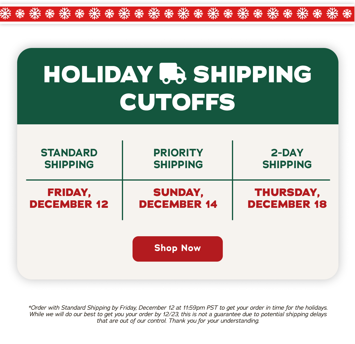 Holiday Shipping Cuttoffs