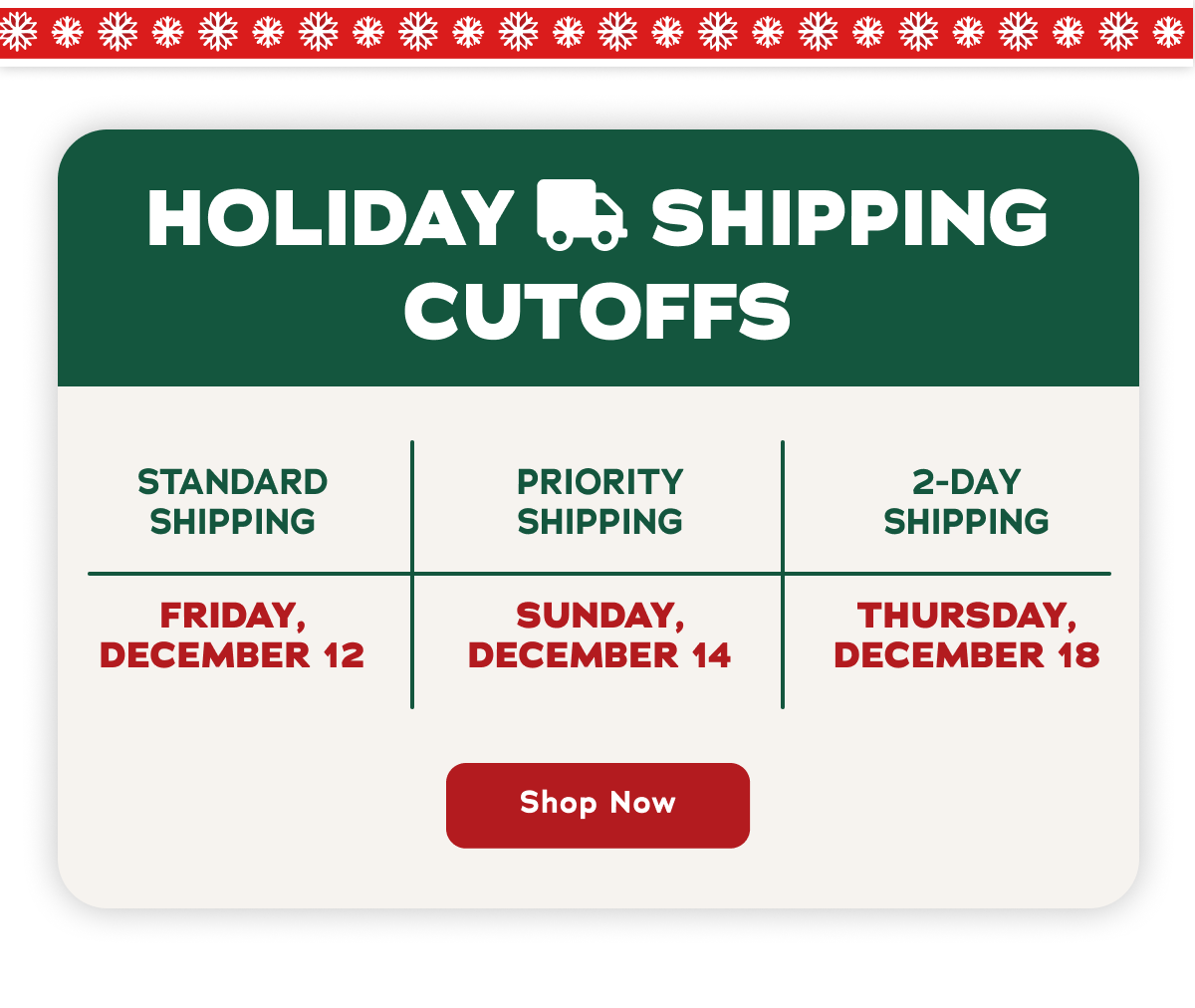Holiday Shipping Cuttoffs