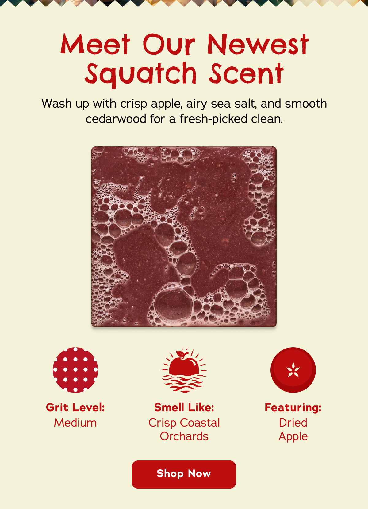 Meet Our New Squatch Scent Wash up with crisp apple, airy sea salt, and smooth cedarwood for a fesh-picked clean. Grit Level: Medium Smell Like: Crisp Coastal Orchards Featuring: Dried Apple Shop Now