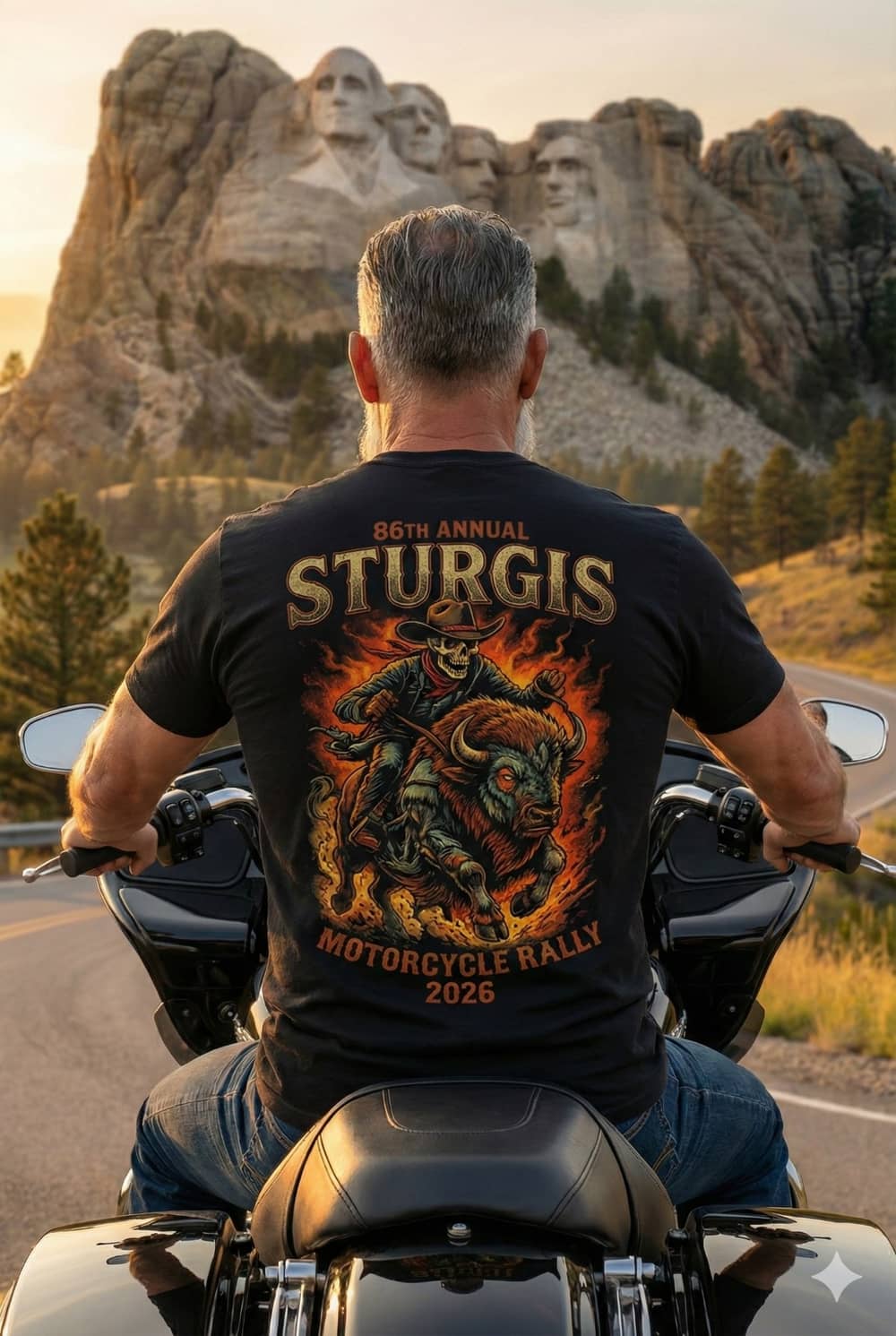 Rider on a Harley facing Mount Rushmore at golden hour, wearing the 2026 Sturgis Iron Bison tee