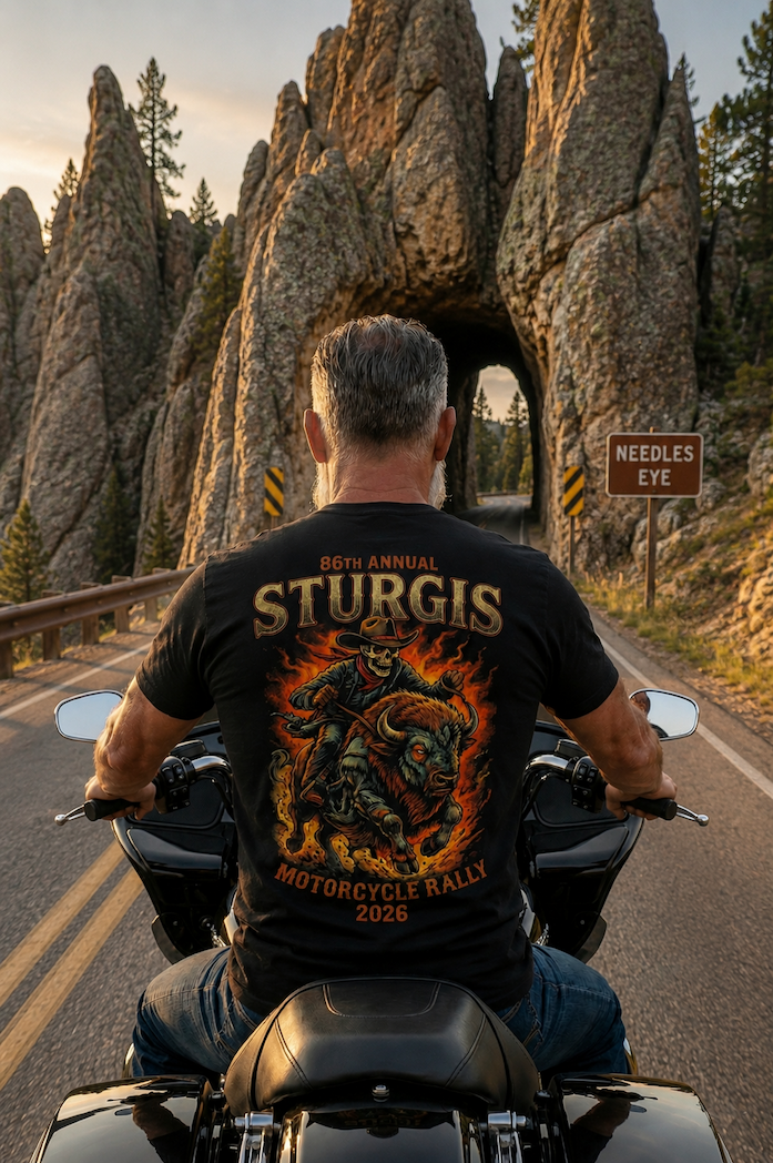 Rider on a Harley facing Mount Rushmore at golden hour, wearing the 2026 Sturgis Iron Bison tee