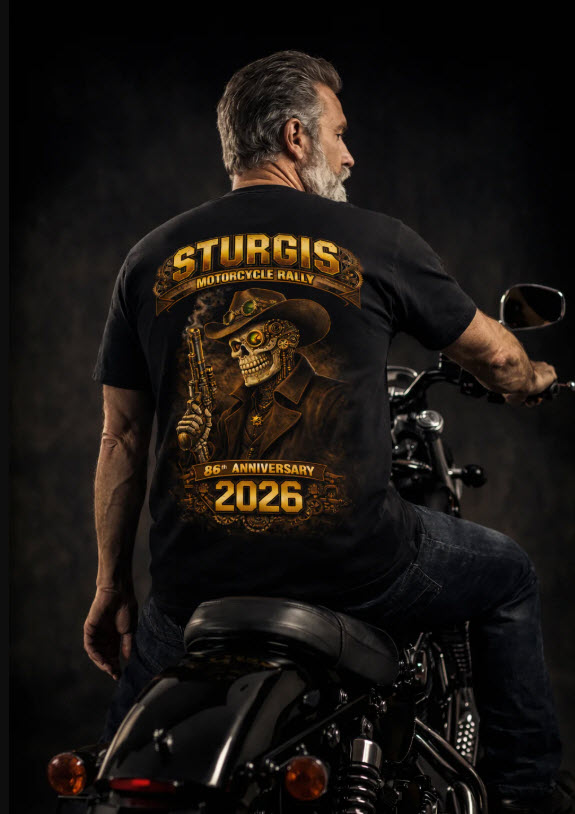 Rider on a Harley facing Mount Rushmore at golden hour, wearing the 2026 Sturgis Iron Bison tee