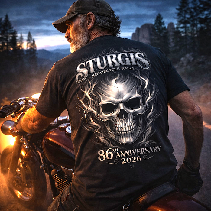 Rider on a Harley facing Mount Rushmore at golden hour, wearing the 2026 Sturgis Iron Bison tee