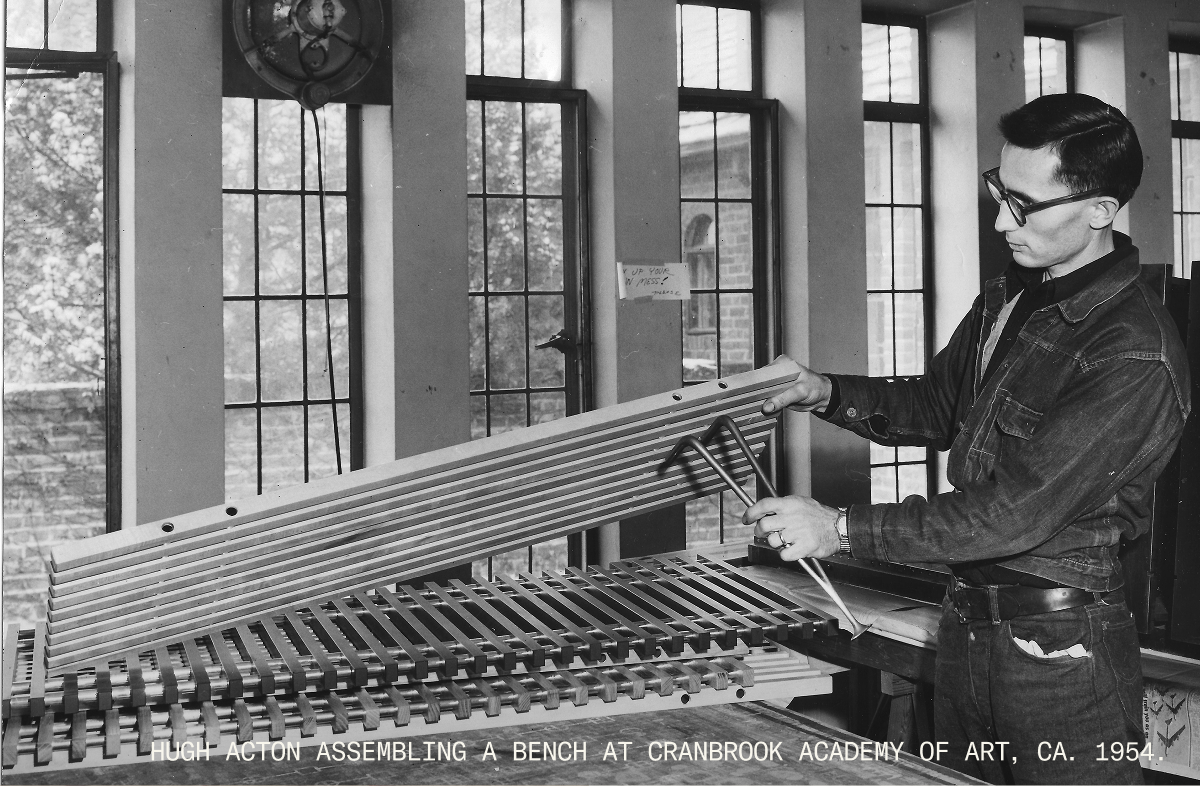 Hugh Acton assembling a bench at Cranbrook Academy of Art, circa 1954. 
