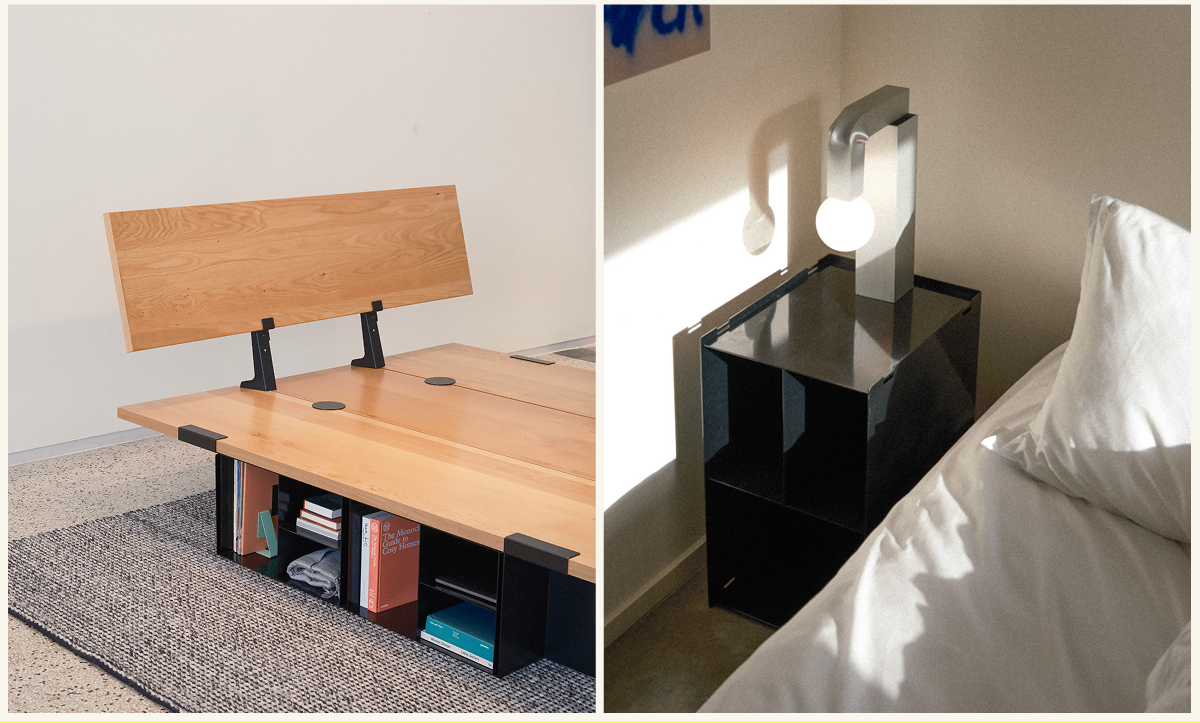 The Floyd Block (x2) as storage for the Lift Off Bed or (x1) as a Bedside Table