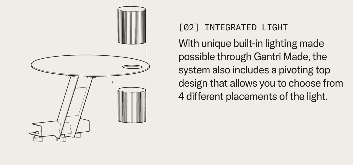 The system includes an adjustable table design with a unique built-in lighting made possible through Gantri Made.