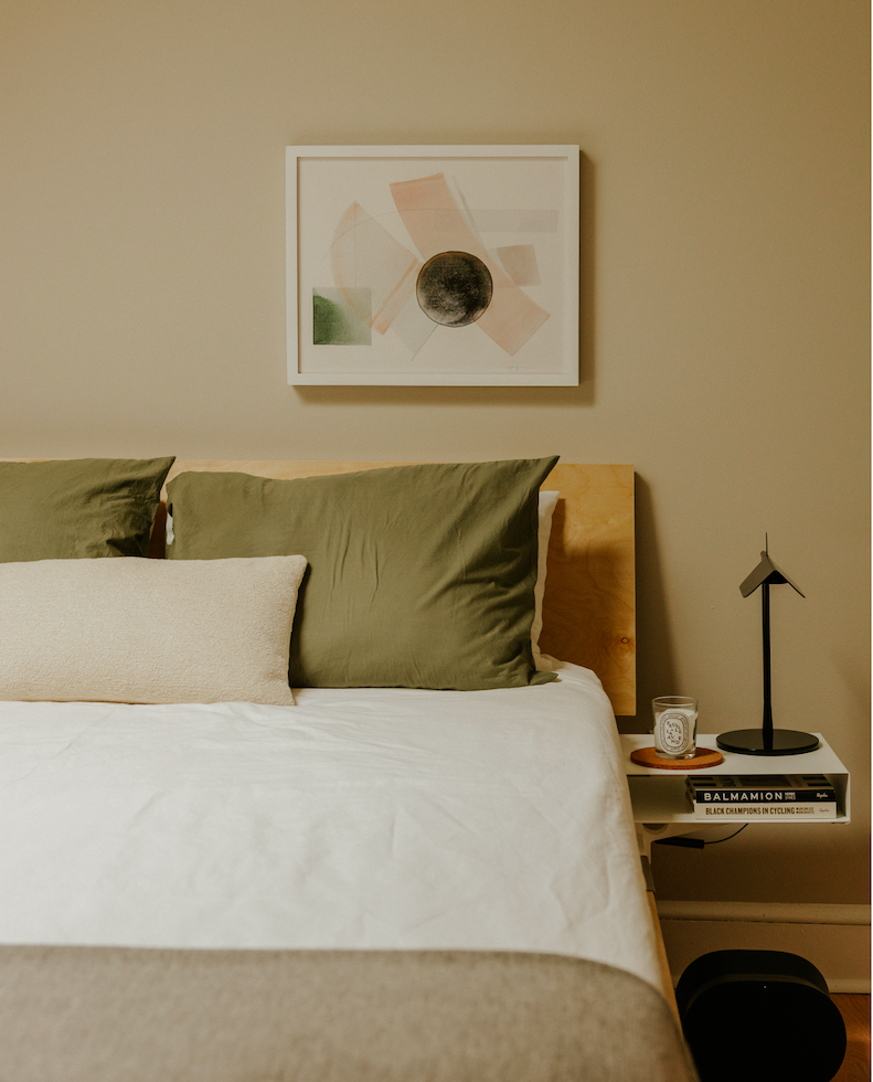 The Lift Off Bed with Headboard in Birch/Stainless & Bedside Table in White.