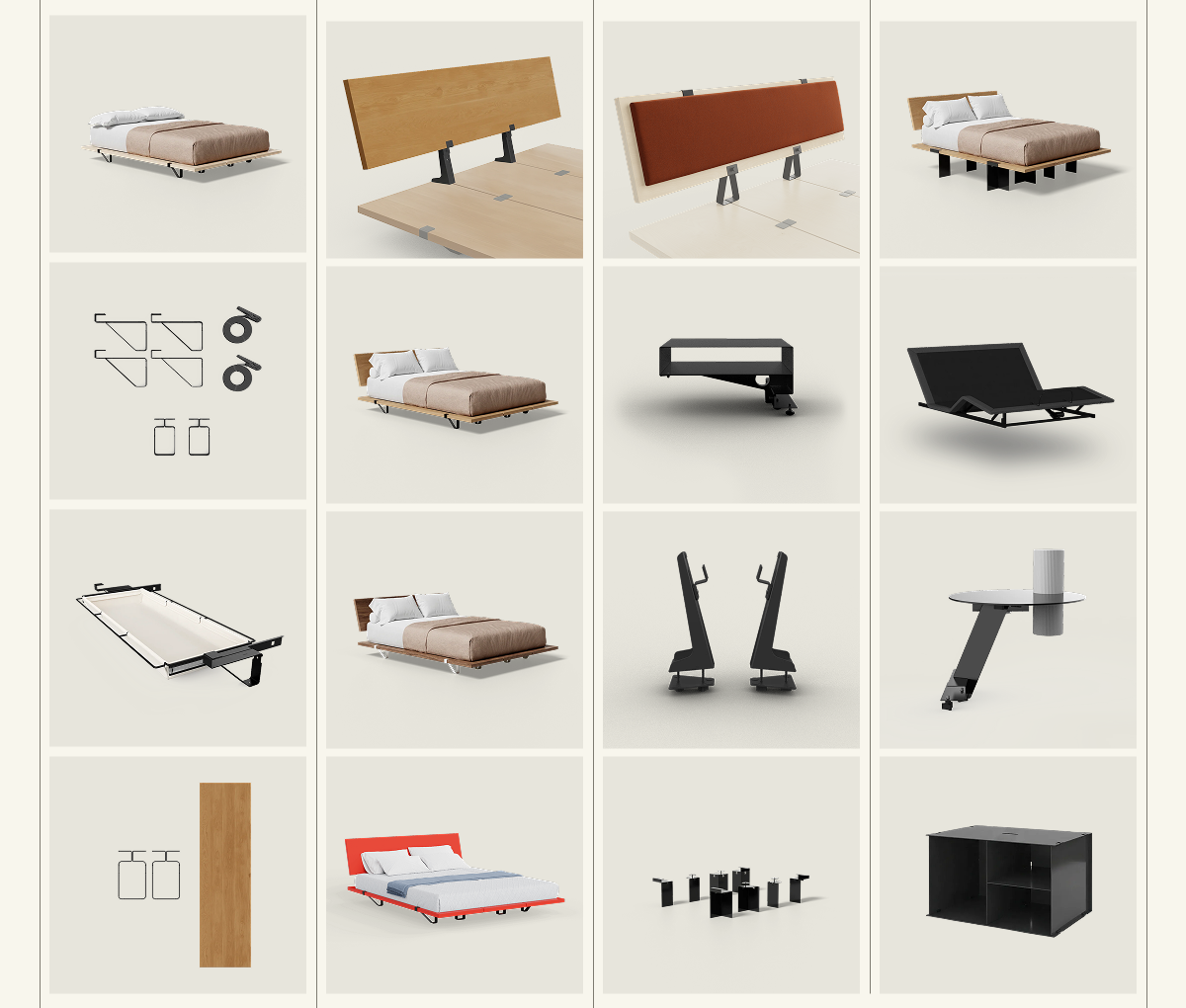 A visual timeline of the evolution of The Floyd Bed System—from the original Bed Frame (2015) to the Lift Off, Block, & Pop Table (2026).
