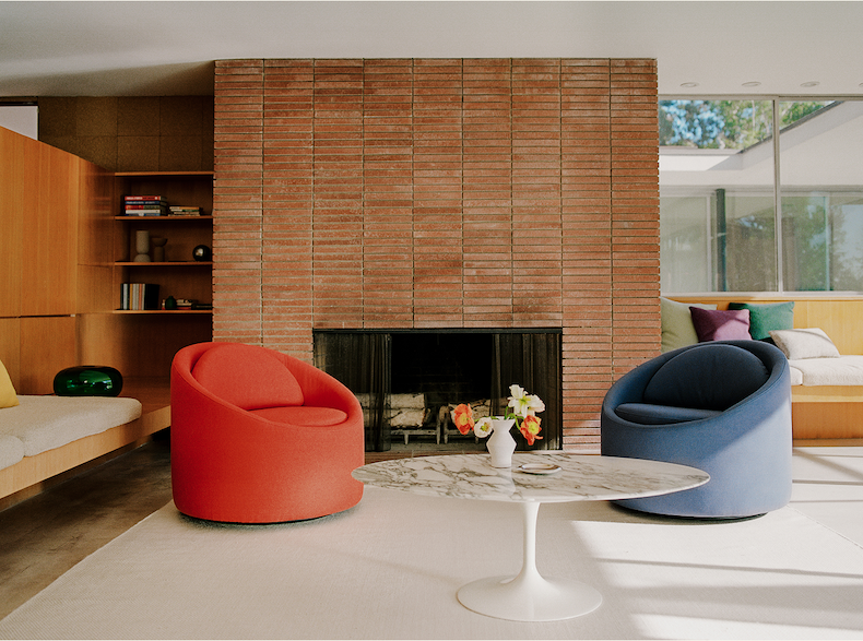 The Gere Easy Chair, pictured in Persimmon (Left) and Denim (Right)